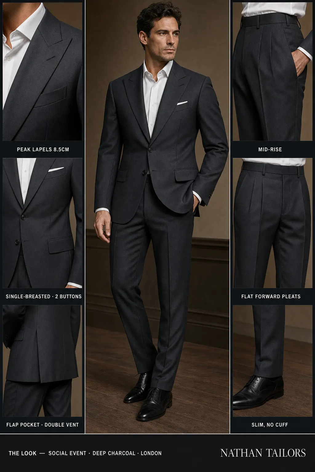 deep charcoal single-breasted peak-lapel bespoke suit — AI-rendered by Nathan Tailors, the Hoi An custom tailor. Available as a custom tailored suit from $149.