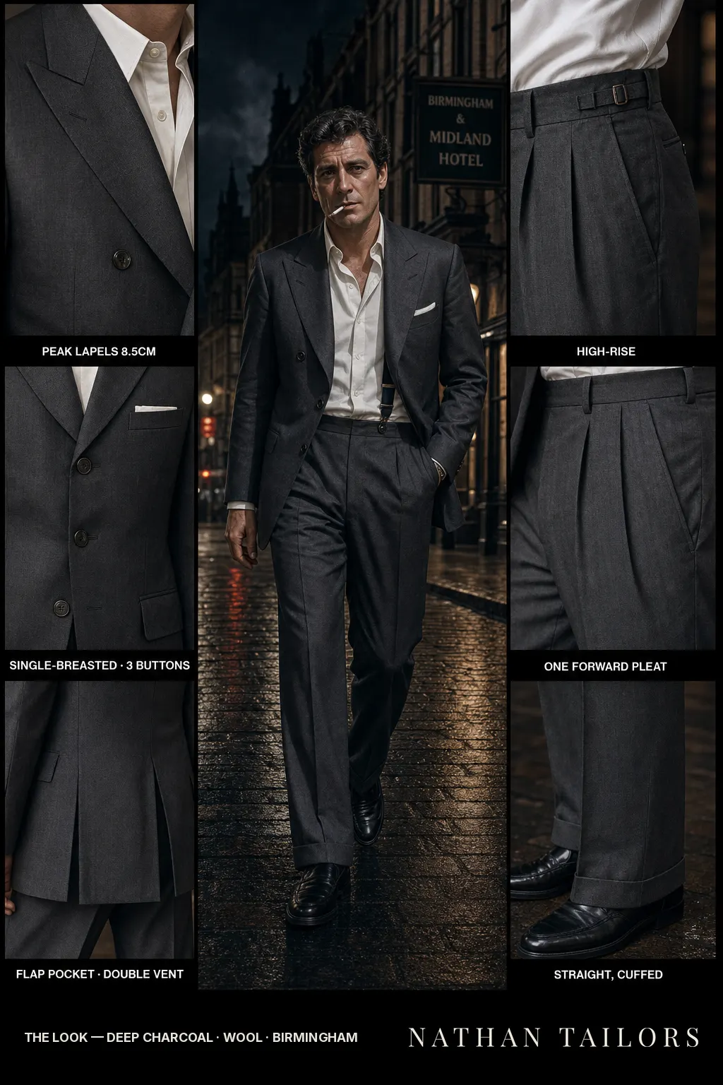 deep charcoal single-breasted peak-lapel bespoke suit — AI-rendered by Nathan Tailors, the Hoi An custom tailor. Available as a custom tailored suit from $149.