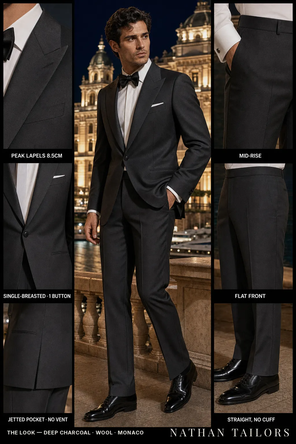 deep charcoal single-breasted bespoke suit — custom tailored by Nathan Tailors, the Hoi An custom tailor