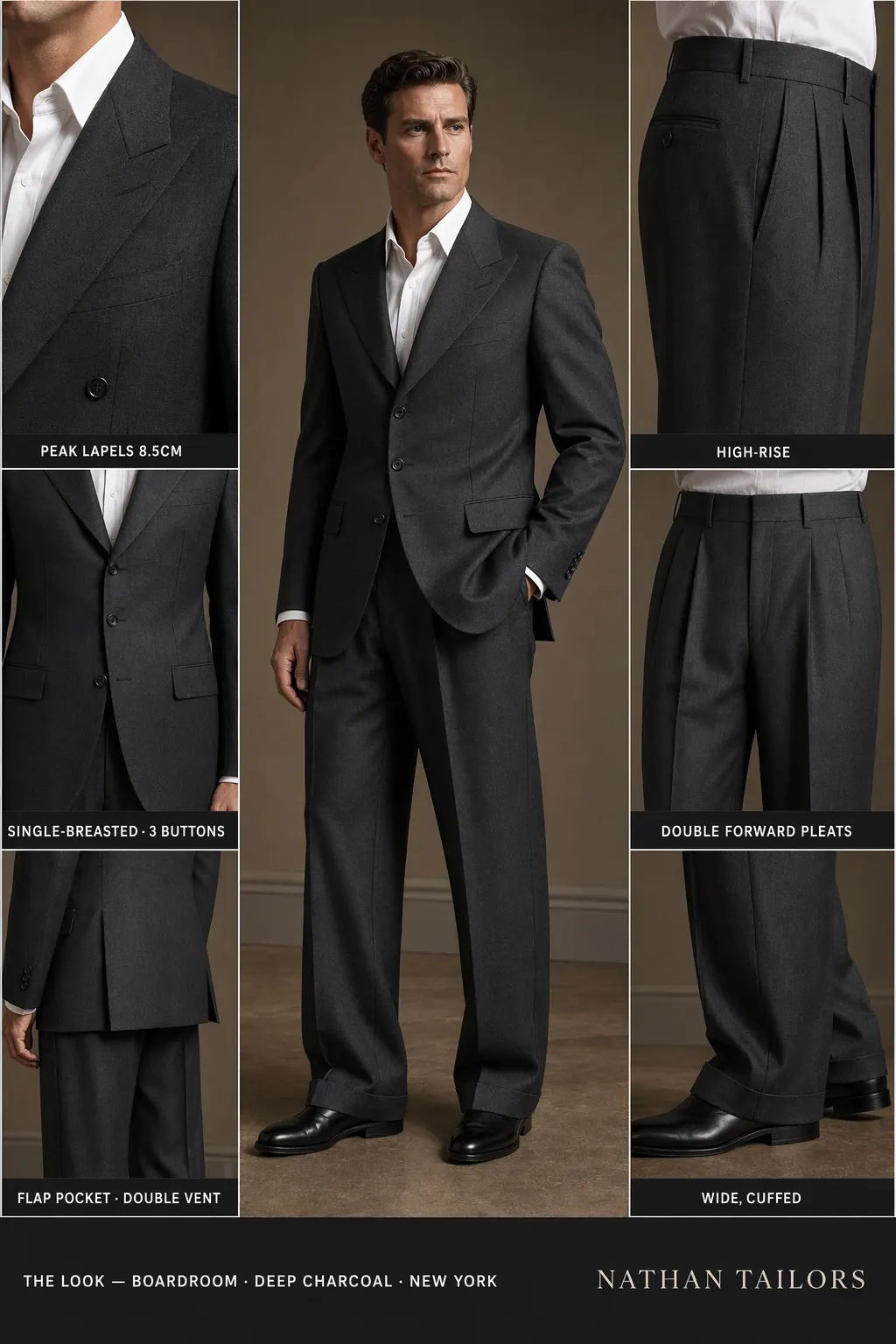 deep charcoal single-breasted peak-lapel bespoke suit — AI-rendered by Nathan Tailors, the Hoi An custom tailor. Available as a custom tailored suit from $149.