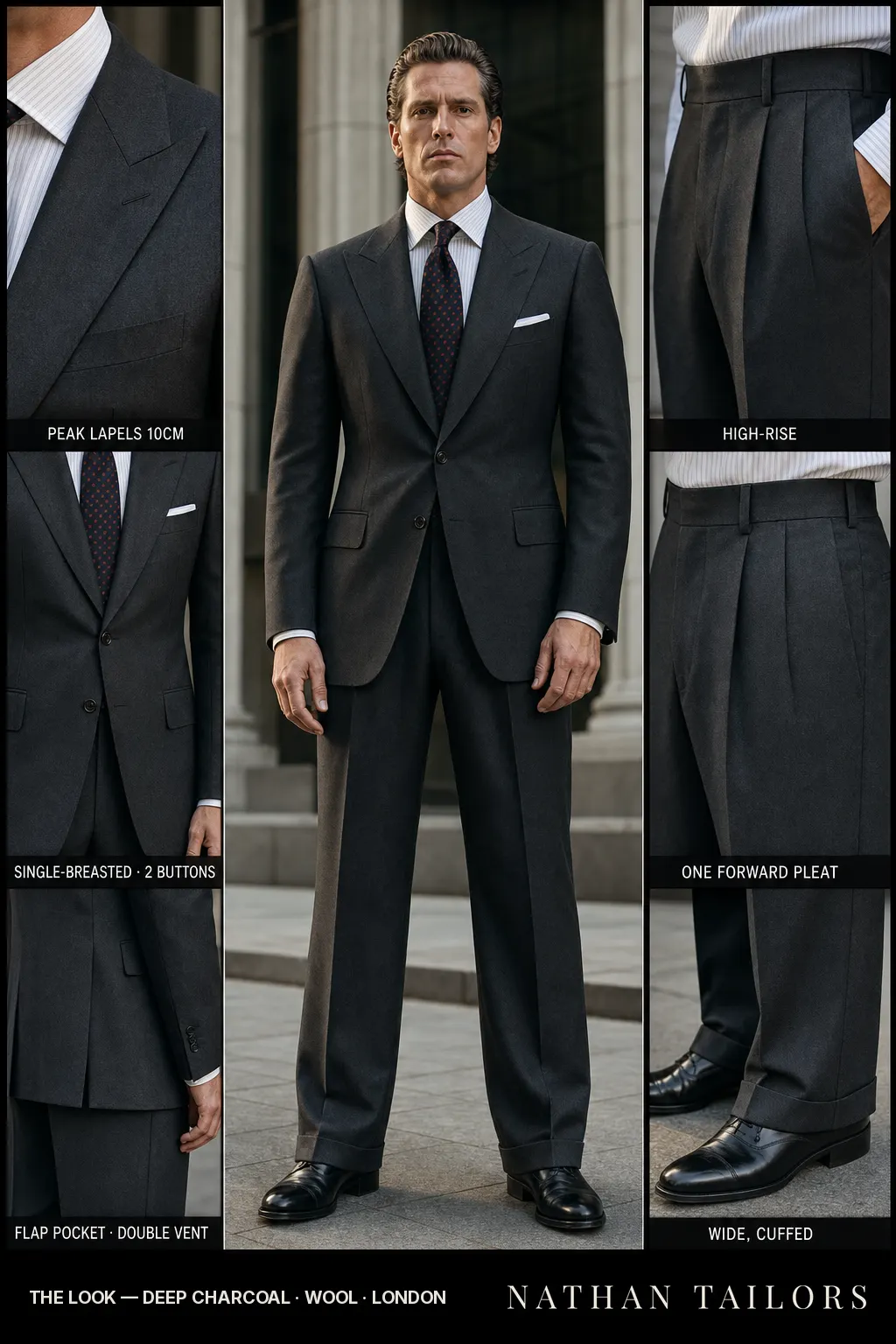 deep charcoal single-breasted peak-lapel bespoke suit — AI-rendered by Nathan Tailors, the Hoi An custom tailor. Available as a custom tailored suit from $149.