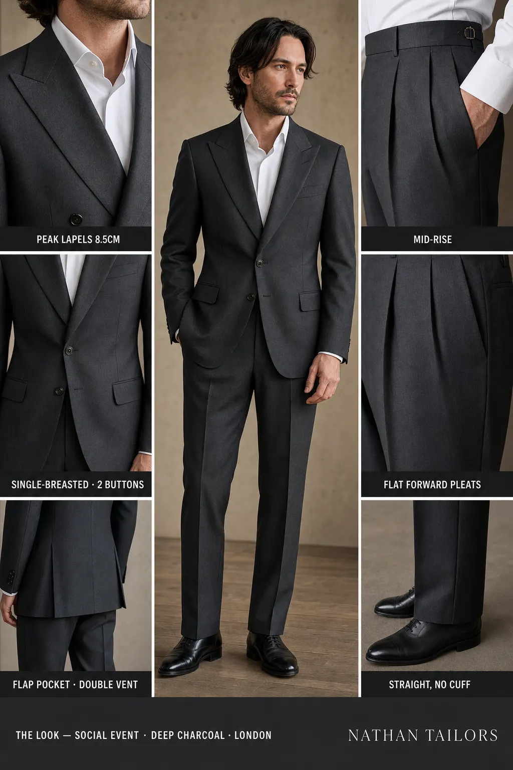 deep charcoal single-breasted peak-lapel bespoke suit โ AI-rendered by Nathan Tailors, the Hoi An custom tailor. Available as a custom tailored suit from $149.