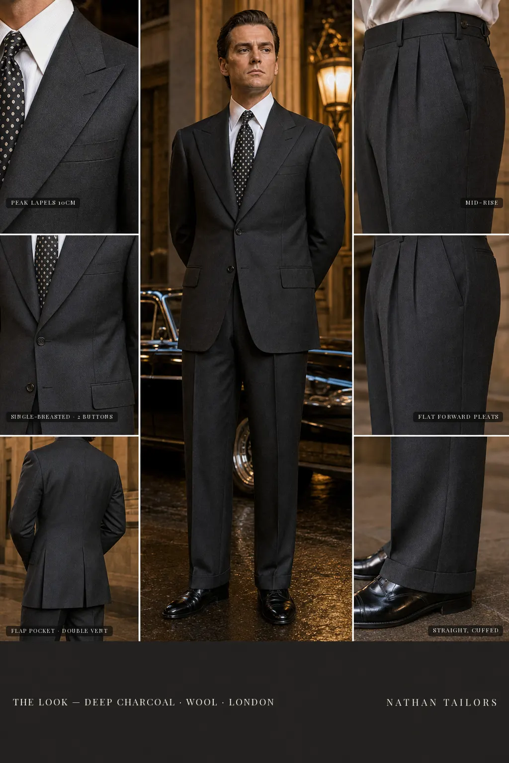 deep charcoal single-breasted peak-lapel bespoke suit — AI-rendered by Nathan Tailors, the Hoi An custom tailor. Available as a custom tailored suit from $149.