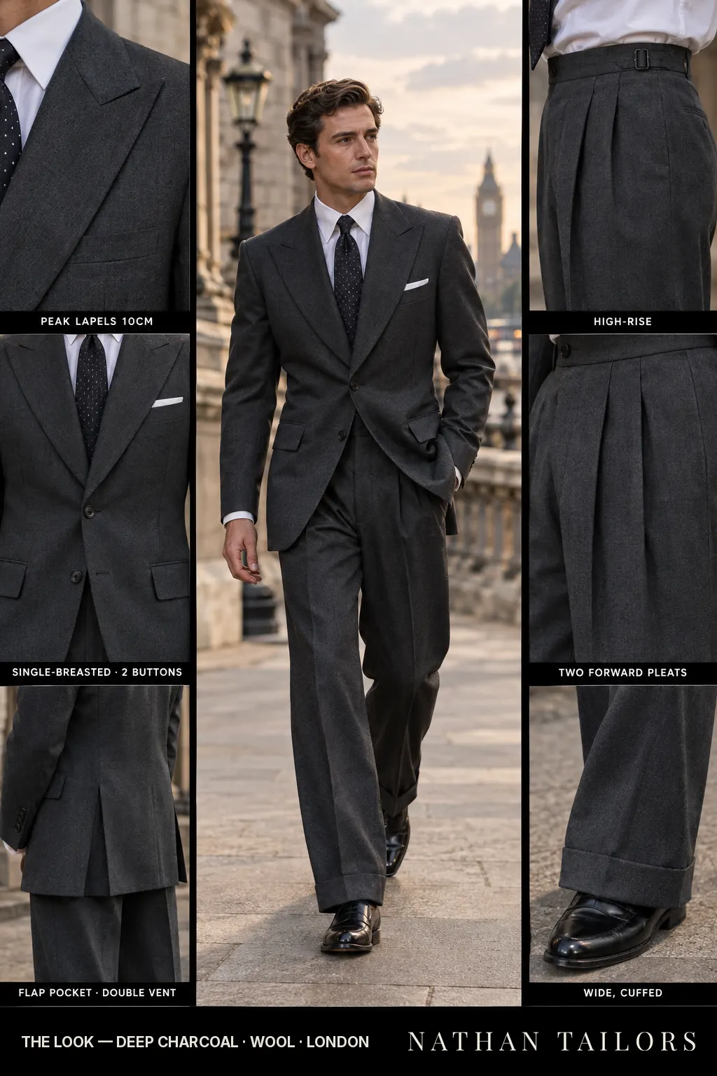 deep charcoal single-breasted bespoke suit โ custom tailored by Nathan Tailors, the Hoi An custom tailor