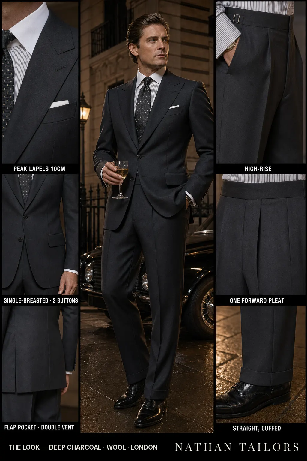 deep charcoal single-breasted peak-lapel bespoke suit — AI-rendered by Nathan Tailors, the Hoi An custom tailor. Available as a custom tailored suit from $149.