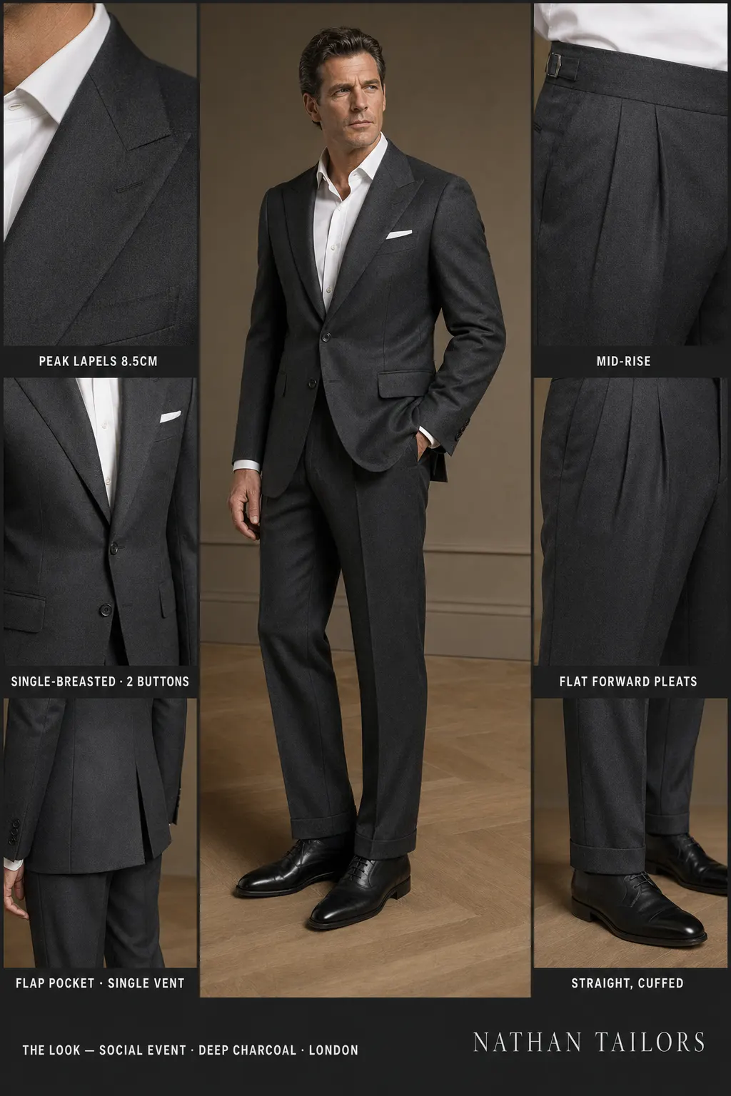 deep charcoal single-breasted peak-lapel bespoke suit — AI-rendered by Nathan Tailors, the Hoi An custom tailor. Available as a custom tailored suit from $149.