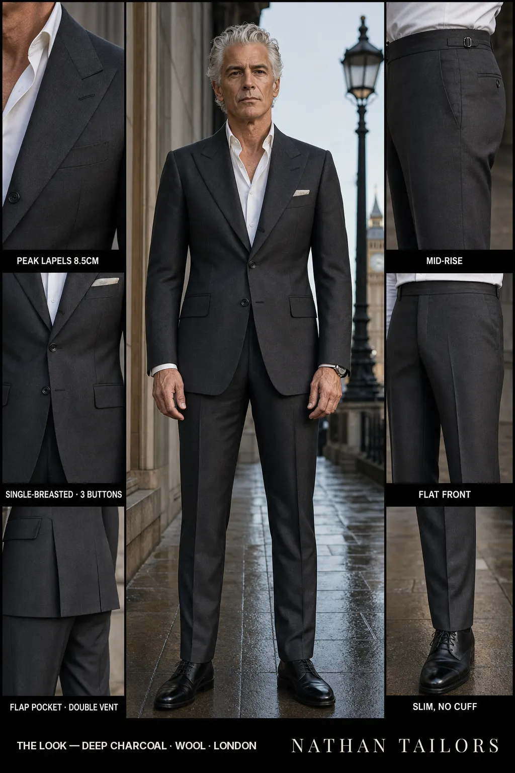 deep charcoal single-breasted peak-lapel bespoke suit โ AI-rendered by Nathan Tailors, the Hoi An custom tailor. Available as a custom tailored suit from $149.