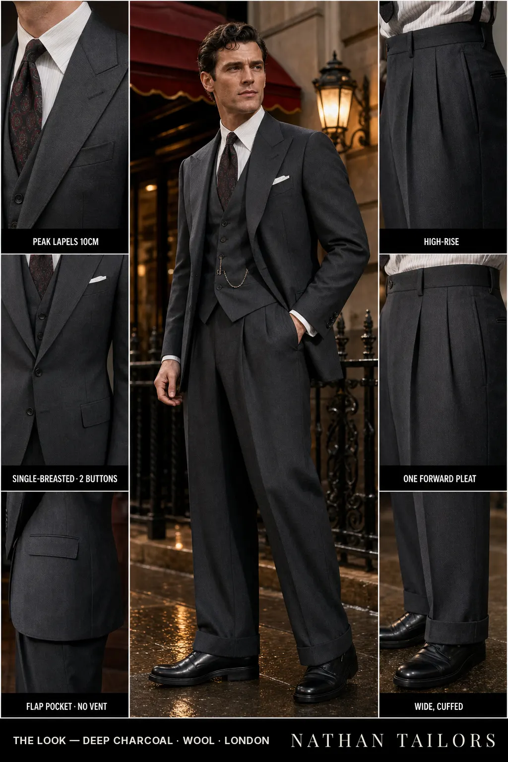 deep charcoal single-breasted peak-lapel bespoke suit — AI-rendered by Nathan Tailors, the Hoi An custom tailor. Available as a custom tailored suit from $149.