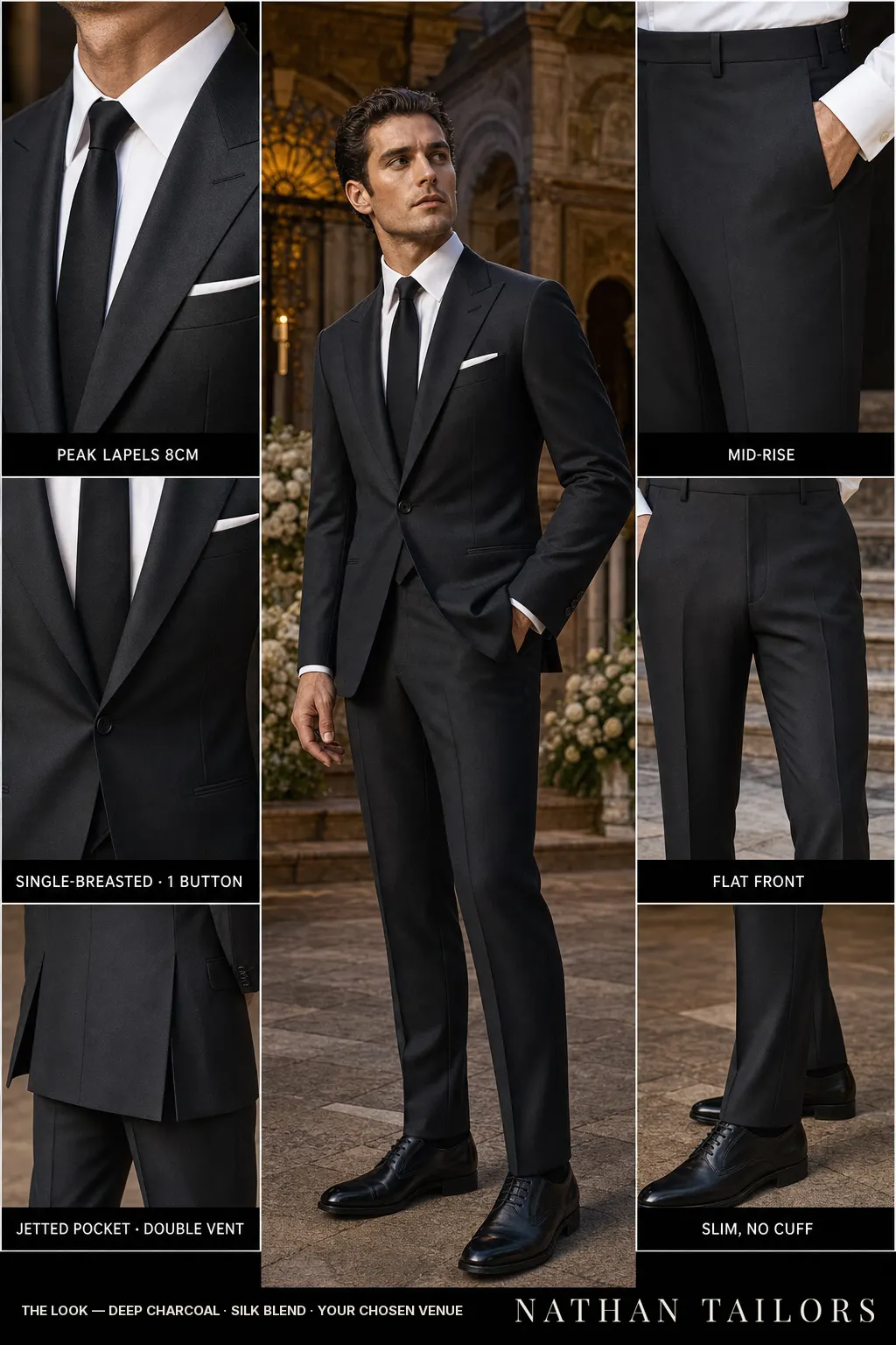 deep charcoal single-breasted bespoke suit — custom tailored by Nathan Tailors, the Hoi An custom tailor