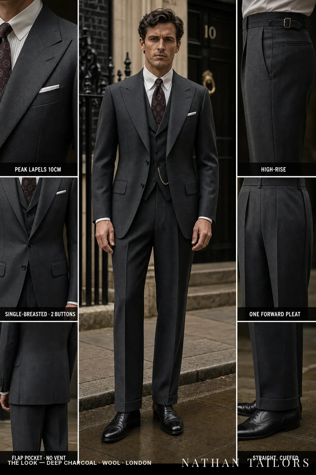 deep charcoal single-breasted peak-lapel bespoke suit — AI-rendered by Nathan Tailors, the Hoi An custom tailor. Available as a custom tailored suit from $149.