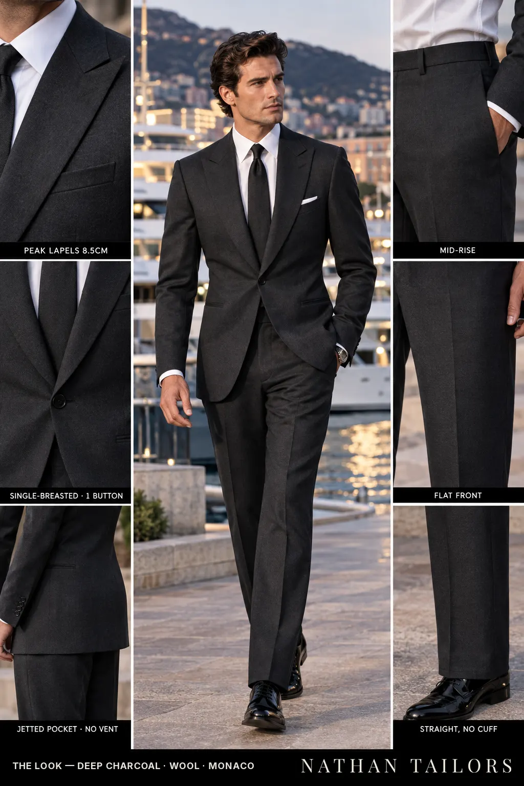 deep charcoal single-breasted bespoke suit — custom tailored by Nathan Tailors, the Hoi An custom tailor