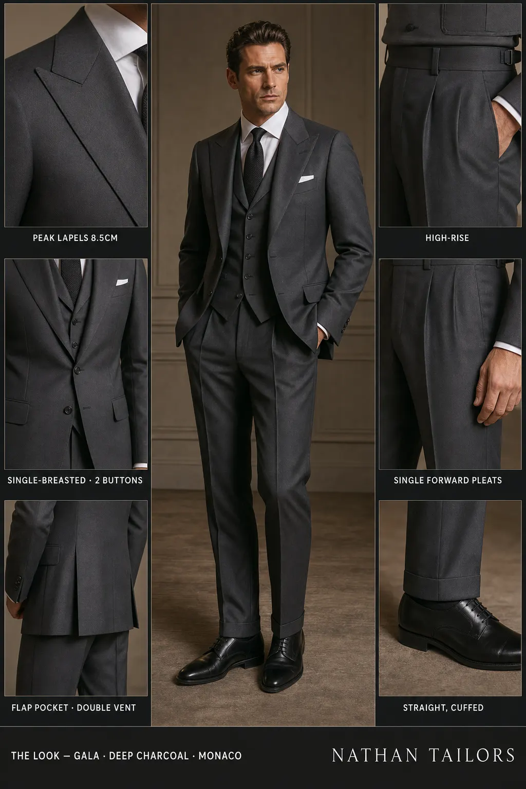 deep charcoal single-breasted peak-lapel bespoke suit โ AI-rendered by Nathan Tailors, the Hoi An custom tailor. Available as a custom tailored suit from $149.