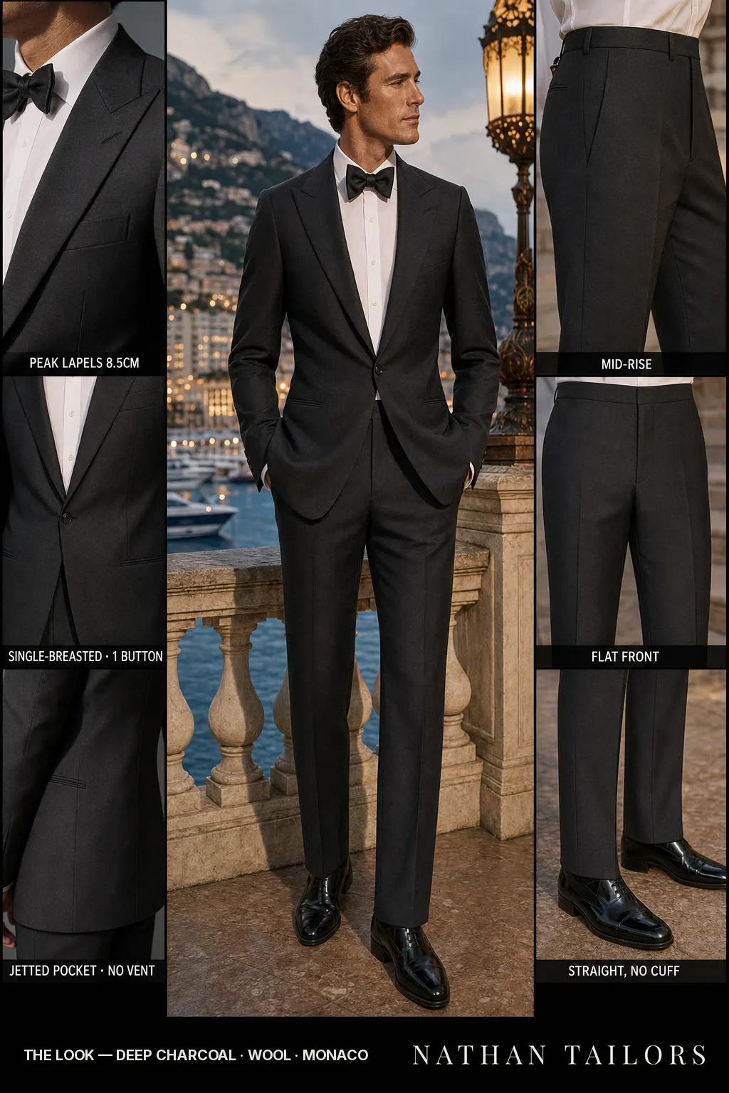 deep charcoal single-breasted bespoke suit — custom tailored by Nathan Tailors, the Hoi An custom tailor
