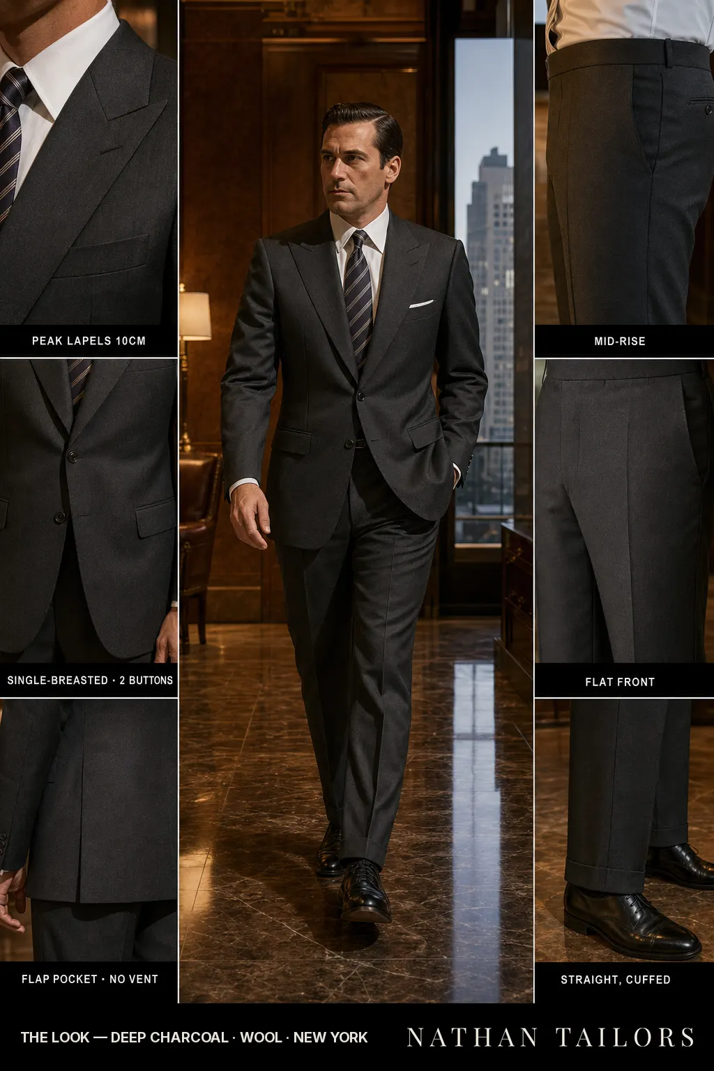 deep charcoal single-breasted peak-lapel bespoke suit โ AI-rendered by Nathan Tailors, the Hoi An custom tailor. Available as a custom tailored suit from $149.