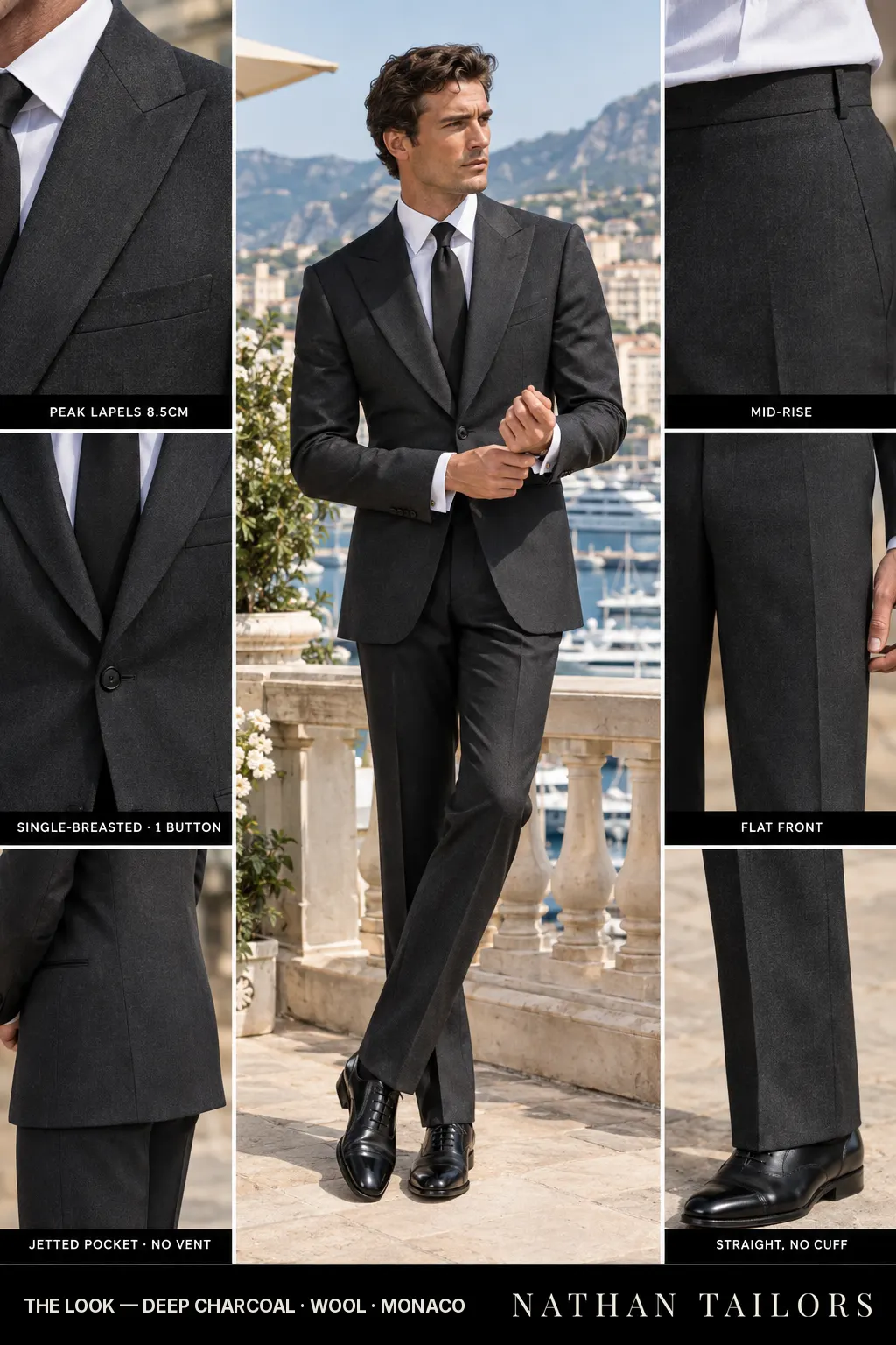deep charcoal single-breasted bespoke suit — custom tailored by Nathan Tailors, the Hoi An custom tailor