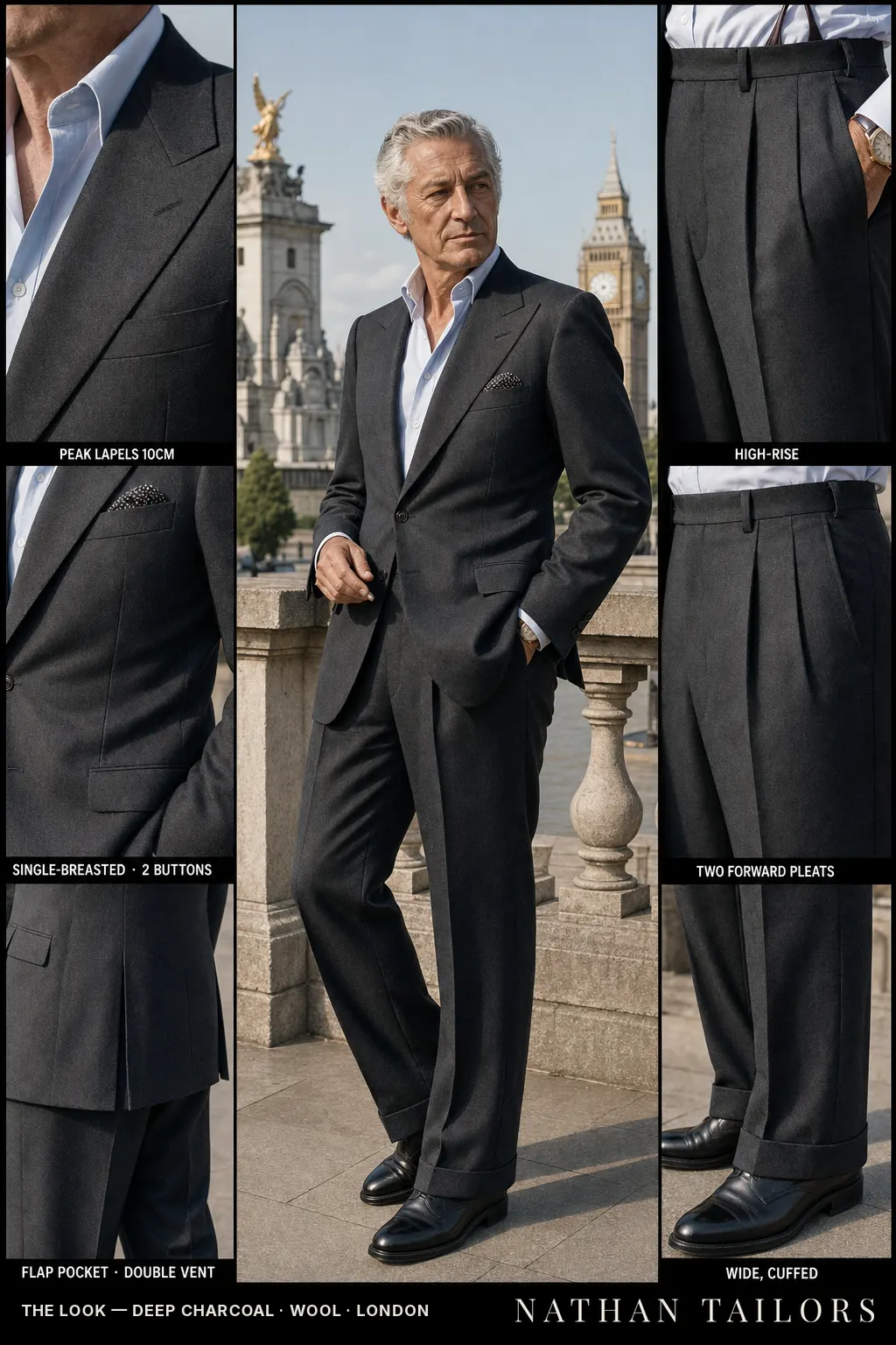 deep charcoal single-breasted peak-lapel bespoke suit โ AI-rendered by Nathan Tailors, the Hoi An custom tailor. Available as a custom tailored suit from $149.
