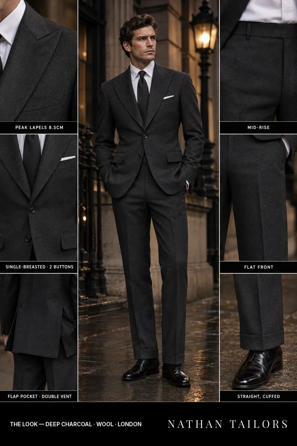 deep charcoal single-breasted bespoke suit — custom tailored by Nathan Tailors, the Hoi An custom tailor