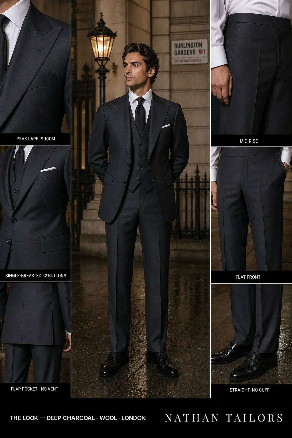 deep charcoal single-breasted bespoke suit โ custom tailored by Nathan Tailors, the Hoi An custom tailor