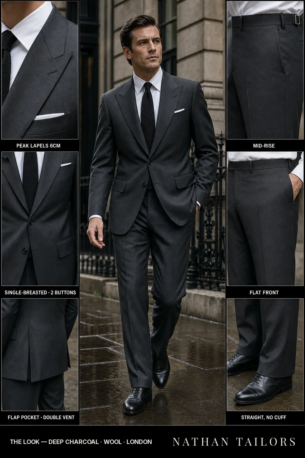 deep charcoal single-breasted peak-lapel bespoke suit — AI-rendered by Nathan Tailors, the Hoi An custom tailor. Available as a custom tailored suit from $149.