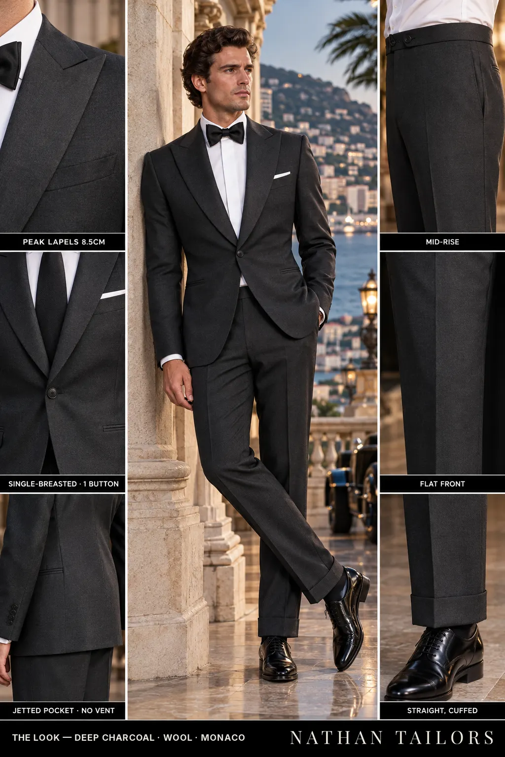 deep charcoal single-breasted bespoke suit โ custom tailored by Nathan Tailors, the Hoi An custom tailor