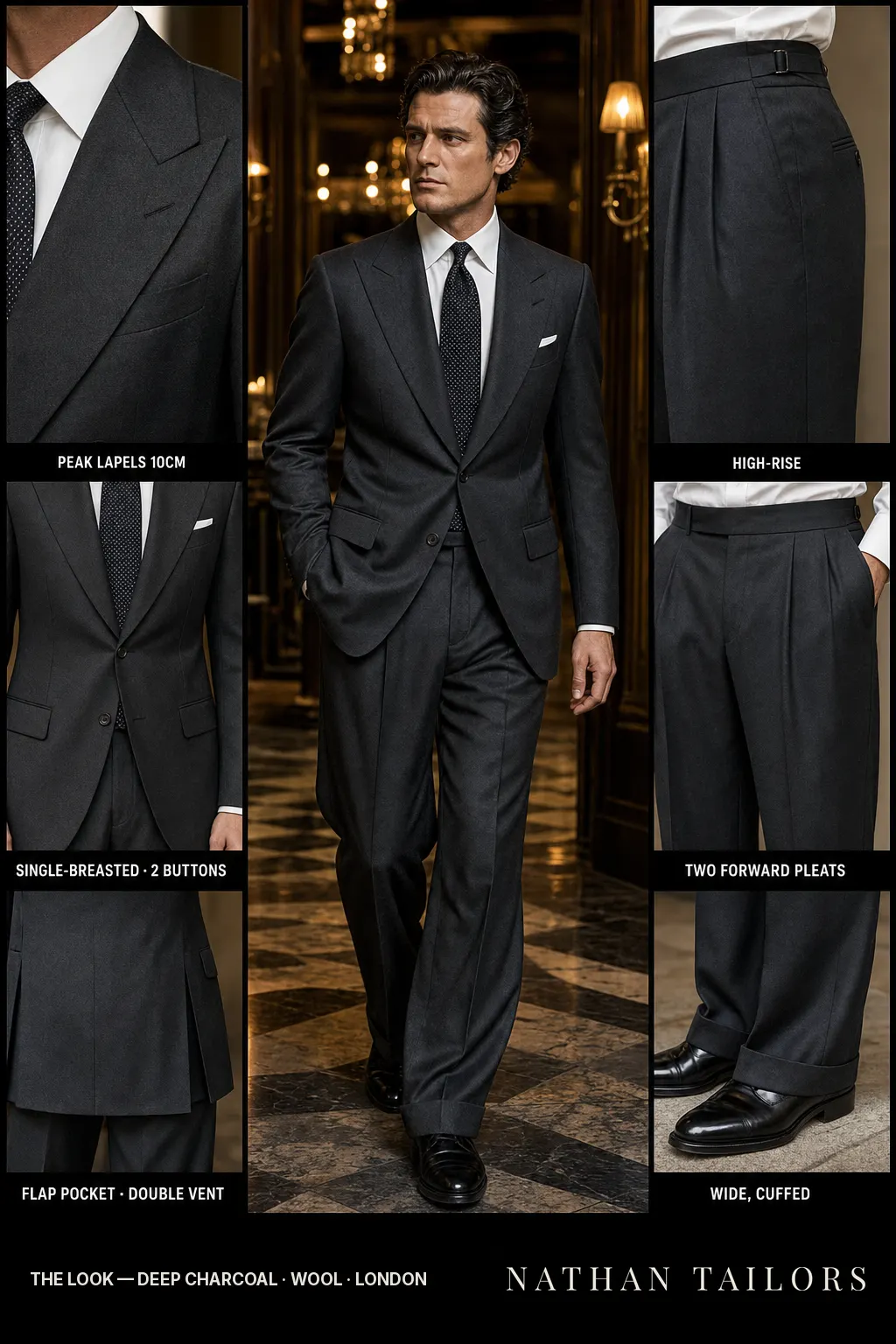 deep charcoal single-breasted peak-lapel bespoke suit — AI-rendered by Nathan Tailors, the Hoi An custom tailor. Available as a custom tailored suit from $149.