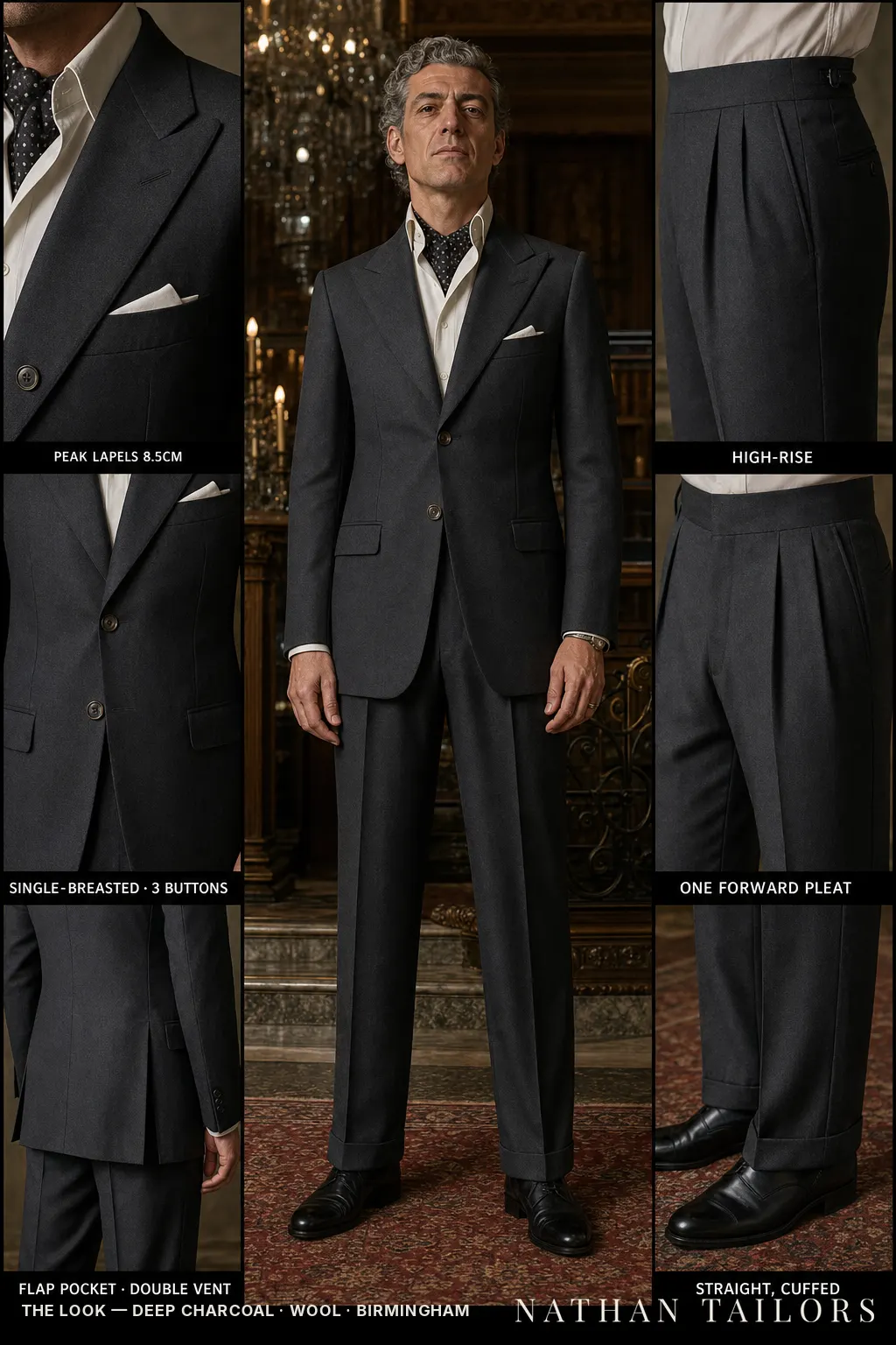 deep charcoal single-breasted peak-lapel bespoke suit — AI-rendered by Nathan Tailors, the Hoi An custom tailor. Available as a custom tailored suit from $149.