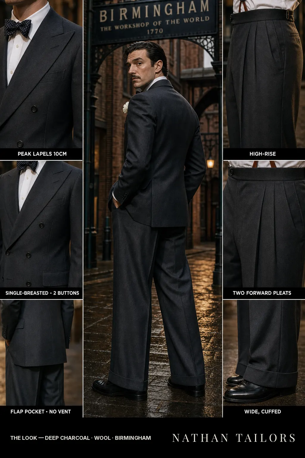deep charcoal single-breasted peak-lapel bespoke suit — AI-rendered by Nathan Tailors, the Hoi An custom tailor. Available as a custom tailored suit from $149.