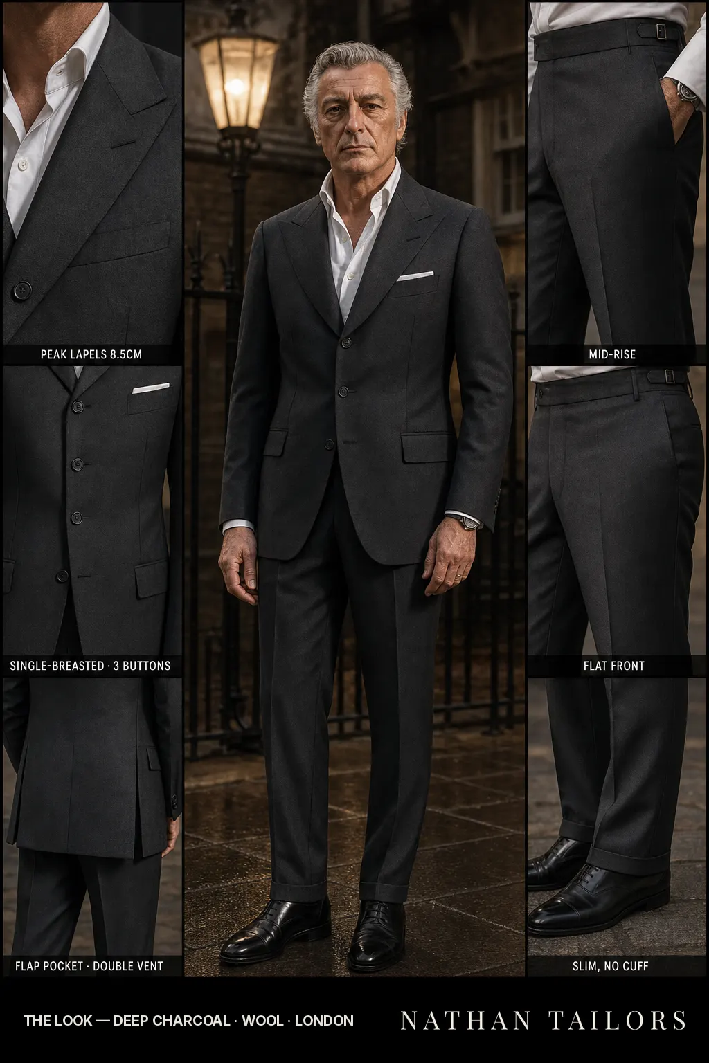 deep charcoal single-breasted peak-lapel bespoke suit — AI-rendered by Nathan Tailors, the Hoi An custom tailor. Available as a custom tailored suit from $149.