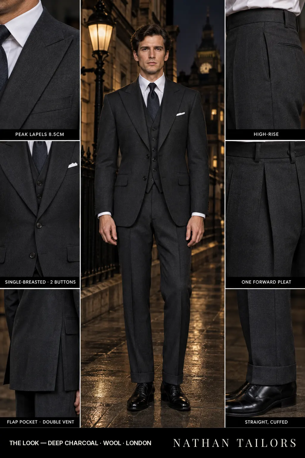 deep charcoal single-breasted bespoke suit — custom tailored by Nathan Tailors, the Hoi An custom tailor