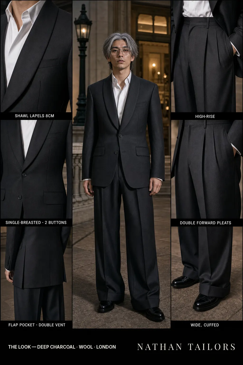 deep charcoal single-breasted shawl-lapel bespoke suit โ AI-rendered by Nathan Tailors, the Hoi An custom tailor. Available as a custom tailored suit from $149.