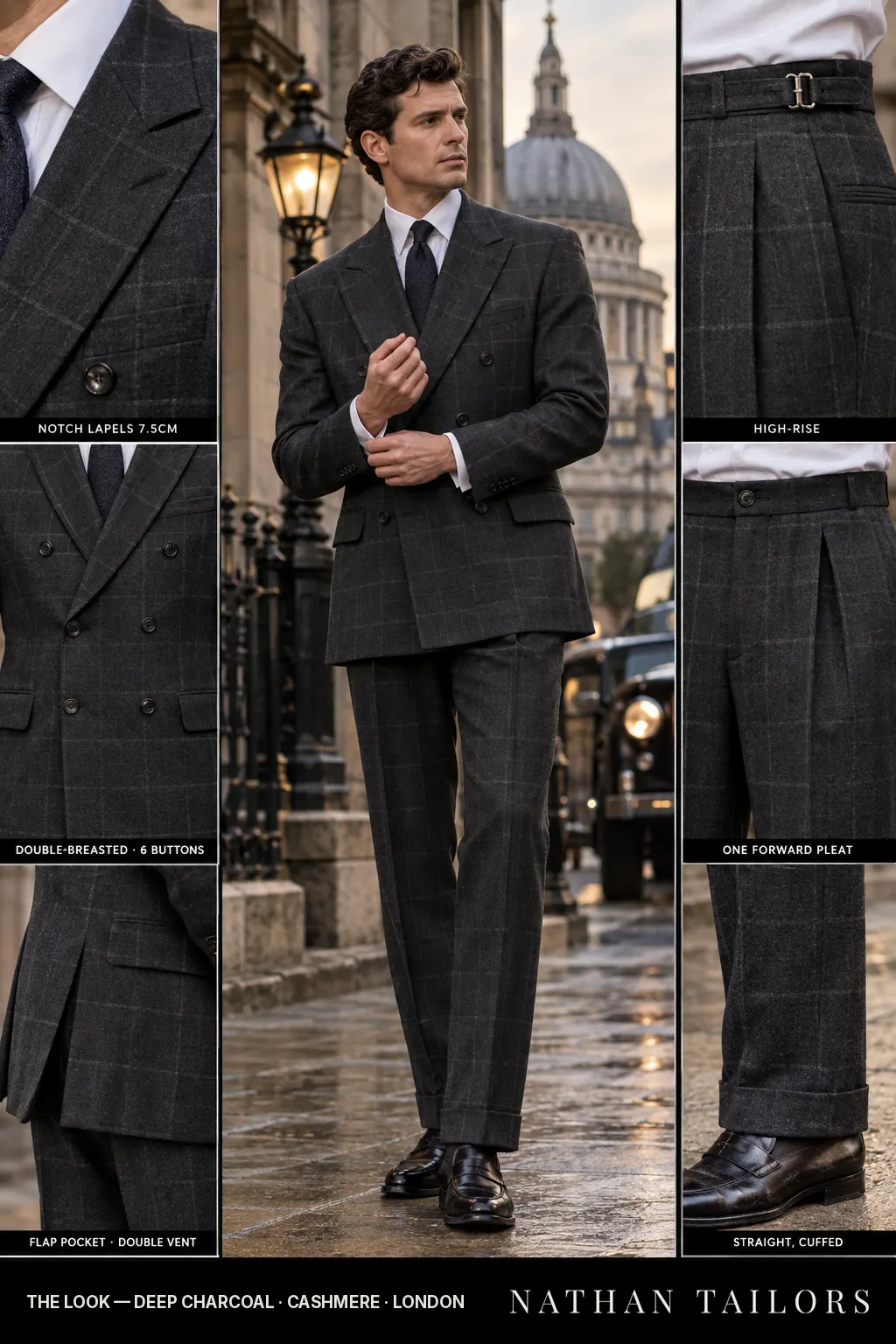 deep charcoal windowpane double-breasted bespoke suit — custom tailored by Nathan Tailors, the Hoi An custom tailor