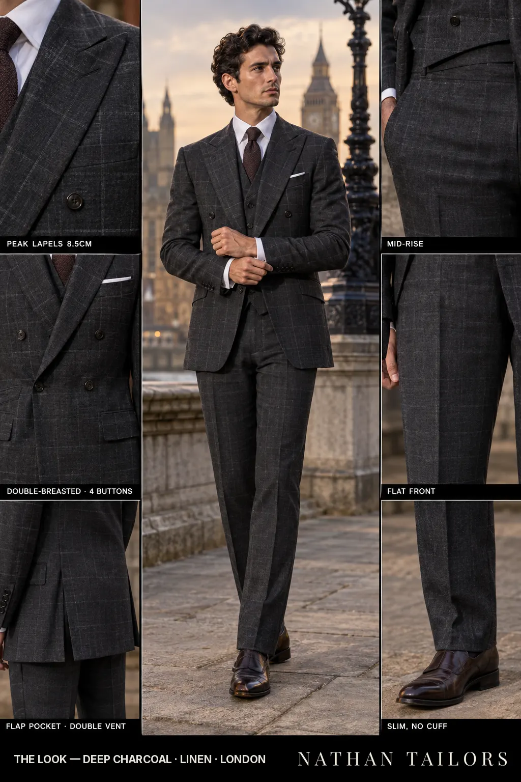 deep charcoal windowpane double-breasted bespoke suit โ custom tailored by Nathan Tailors, the Hoi An custom tailor