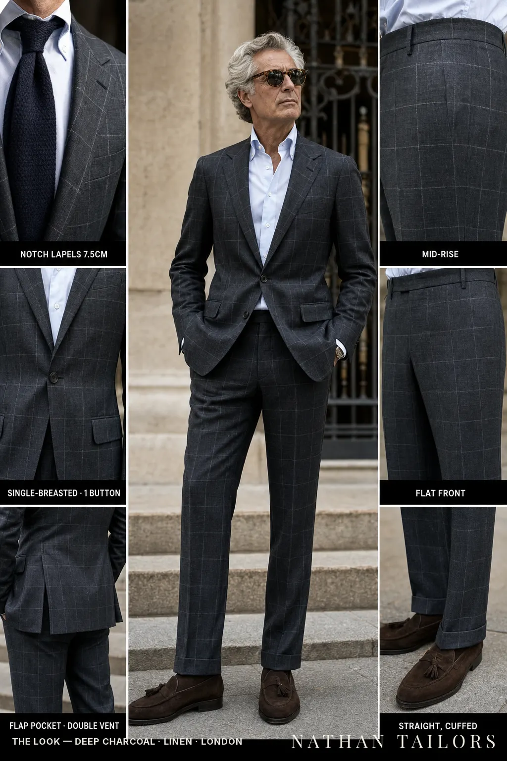 deep charcoal windowpane single-breasted bespoke suit — custom tailored by Nathan Tailors, the Hoi An custom tailor