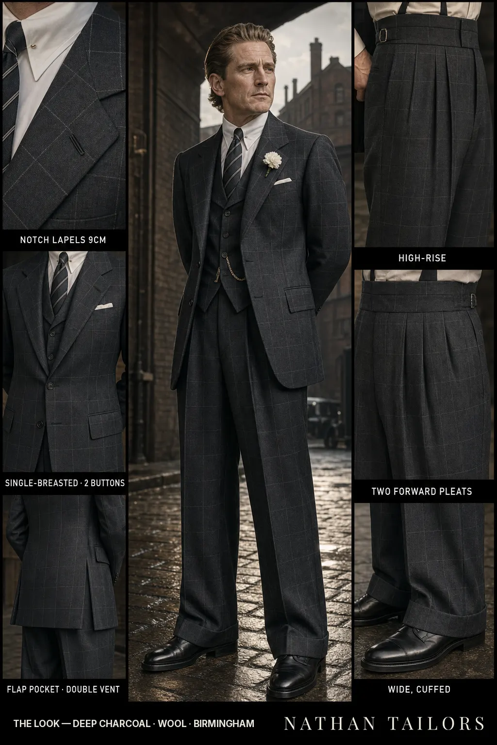 deep charcoal windowpane single-breasted notch-lapel bespoke suit — AI-rendered by Nathan Tailors, the Hoi An custom tailor. Available as a custom tailored suit from $149.