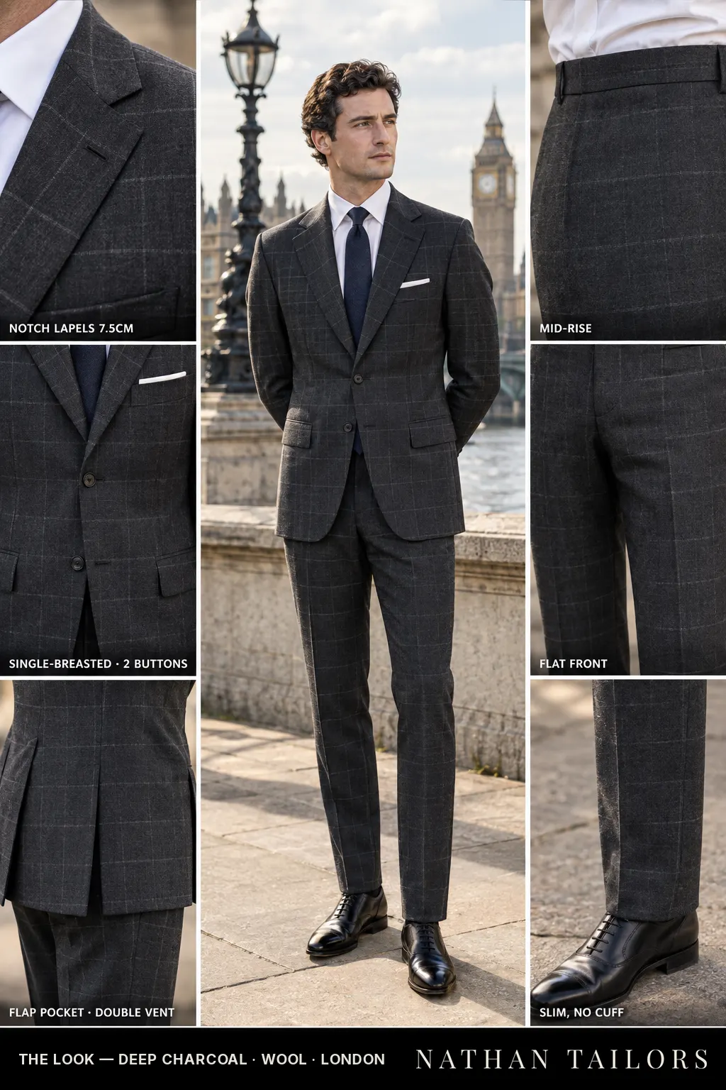 deep charcoal windowpane single-breasted bespoke suit โ custom tailored by Nathan Tailors, the Hoi An custom tailor