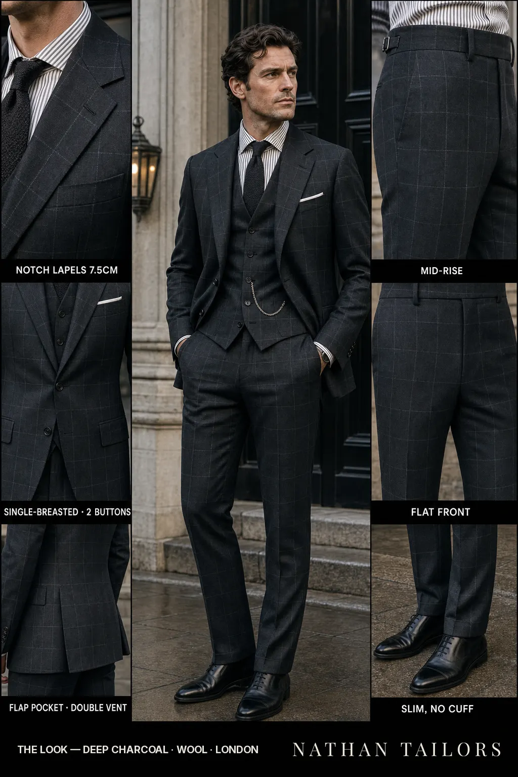 deep charcoal windowpane single-breasted notch-lapel bespoke suit — AI-rendered by Nathan Tailors, the Hoi An custom tailor. Available as a custom tailored suit from $149.