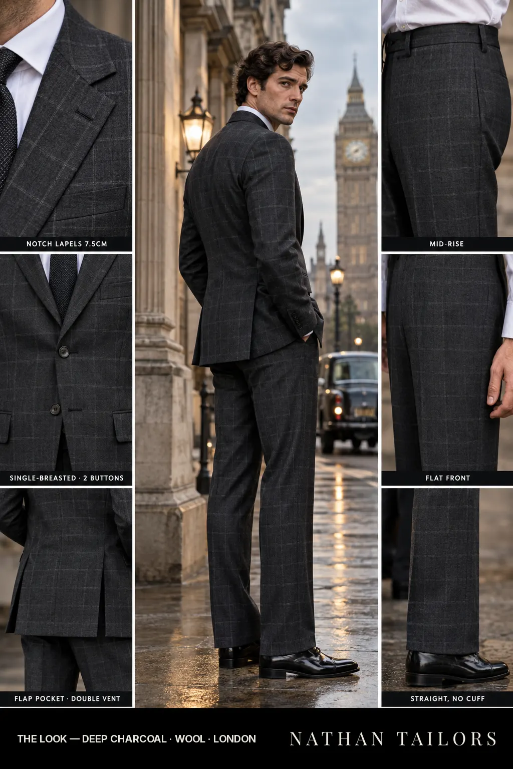 deep charcoal windowpane single-breasted bespoke suit โ custom tailored by Nathan Tailors, the Hoi An custom tailor