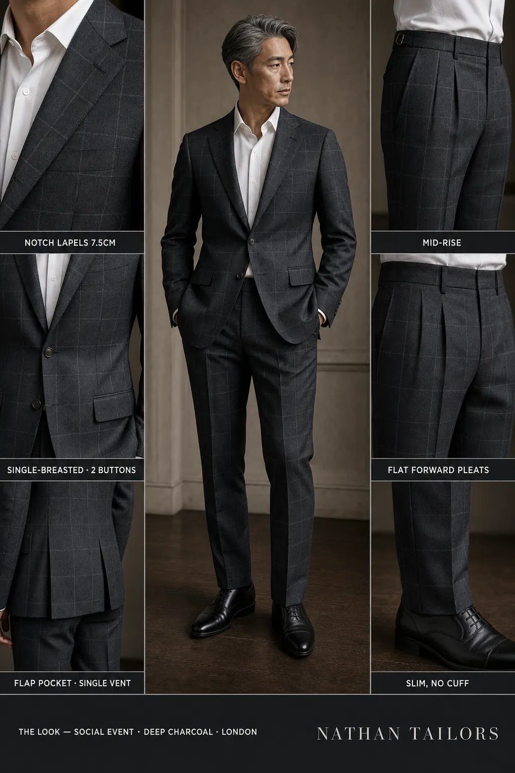 deep charcoal windowpane single-breasted notch-lapel bespoke suit โ AI-rendered by Nathan Tailors, the Hoi An custom tailor. Available as a custom tailored suit from $149.