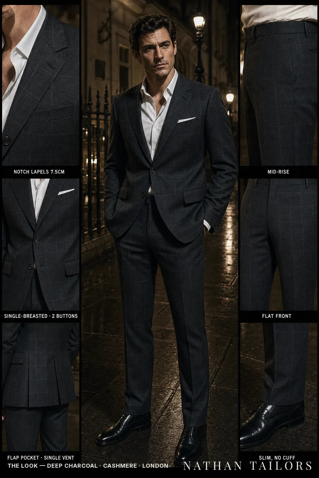 deep charcoal windowpane single-breasted notch-lapel bespoke suit โ AI-rendered by Nathan Tailors, the Hoi An custom tailor. Available as a custom tailored suit from $149.