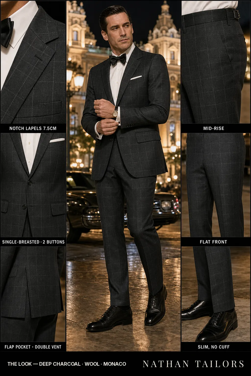 deep charcoal windowpane single-breasted notch-lapel bespoke suit — AI-rendered by Nathan Tailors, the Hoi An custom tailor. Available as a custom tailored suit from $149.