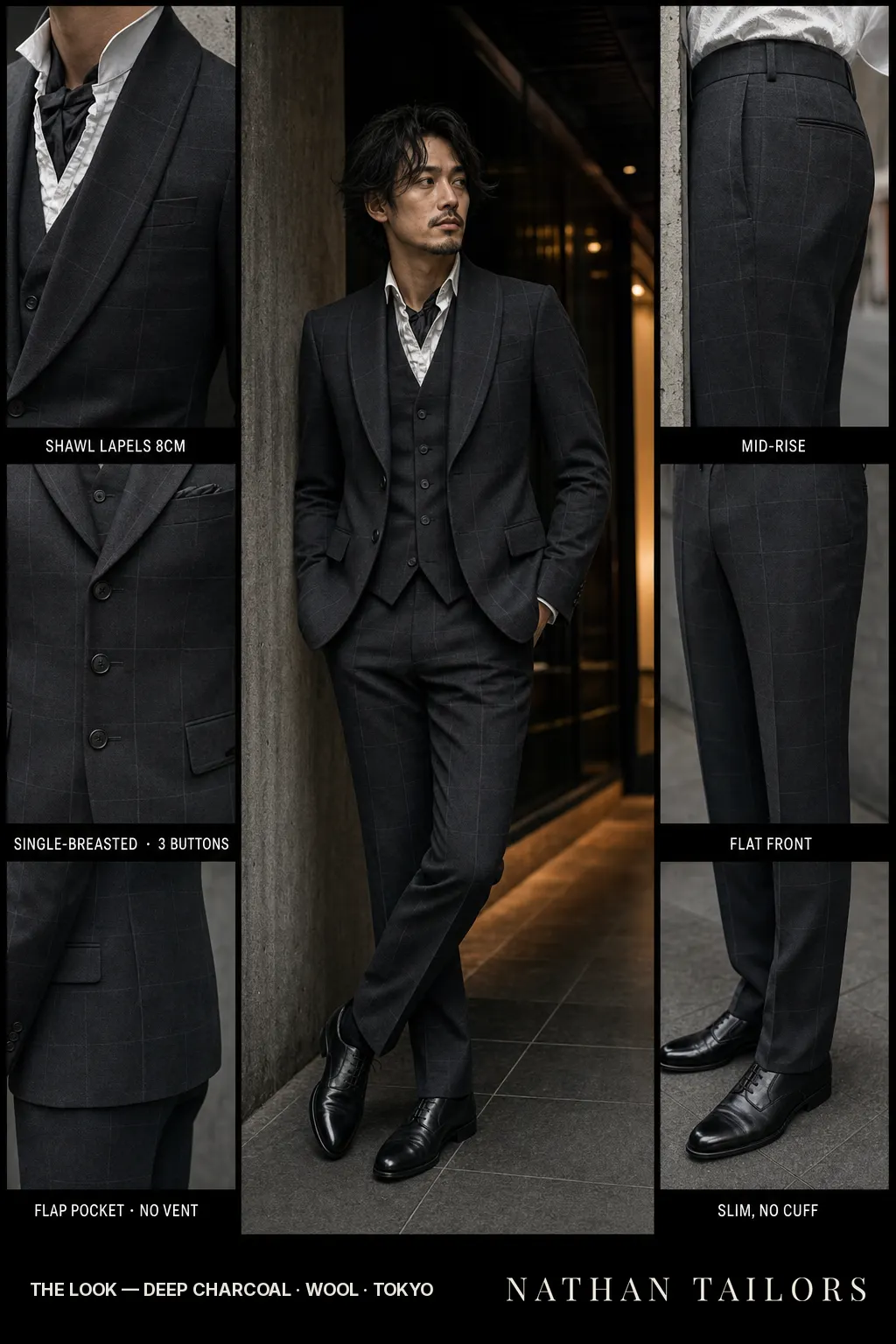 deep charcoal windowpane single-breasted bespoke suit — custom tailored by Nathan Tailors, the Hoi An custom tailor