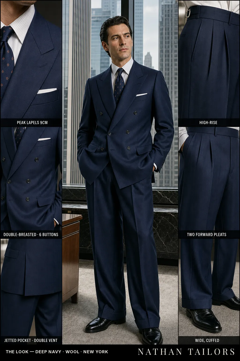 deep navy chalk stripe double-breasted peak-lapel bespoke suit — AI-rendered by Nathan Tailors, the Hoi An custom tailor. Available as a custom tailored suit from $149.