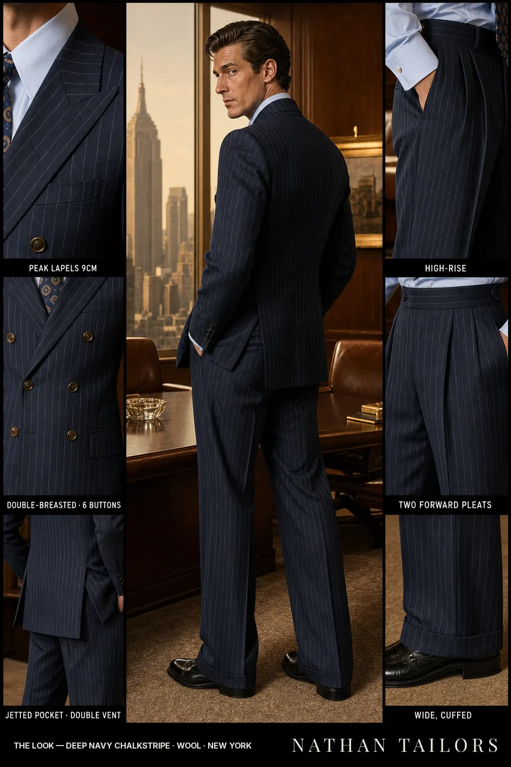 deep navy chalkstripe chalk stripe double-breasted peak-lapel bespoke suit โ AI-rendered by Nathan Tailors, the Hoi An custom tailor. Available as a custom tailored suit from $149.