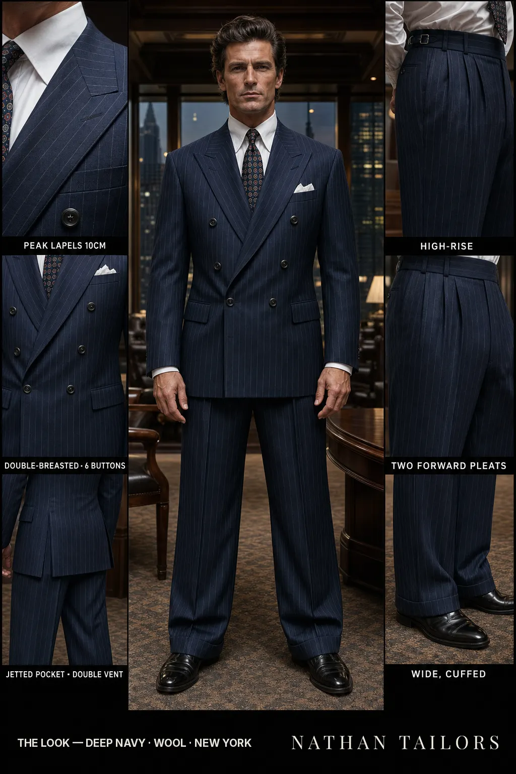 deep navy chalk stripe double-breasted peak-lapel bespoke suit — AI-rendered by Nathan Tailors, the Hoi An custom tailor. Available as a custom tailored suit from $149.