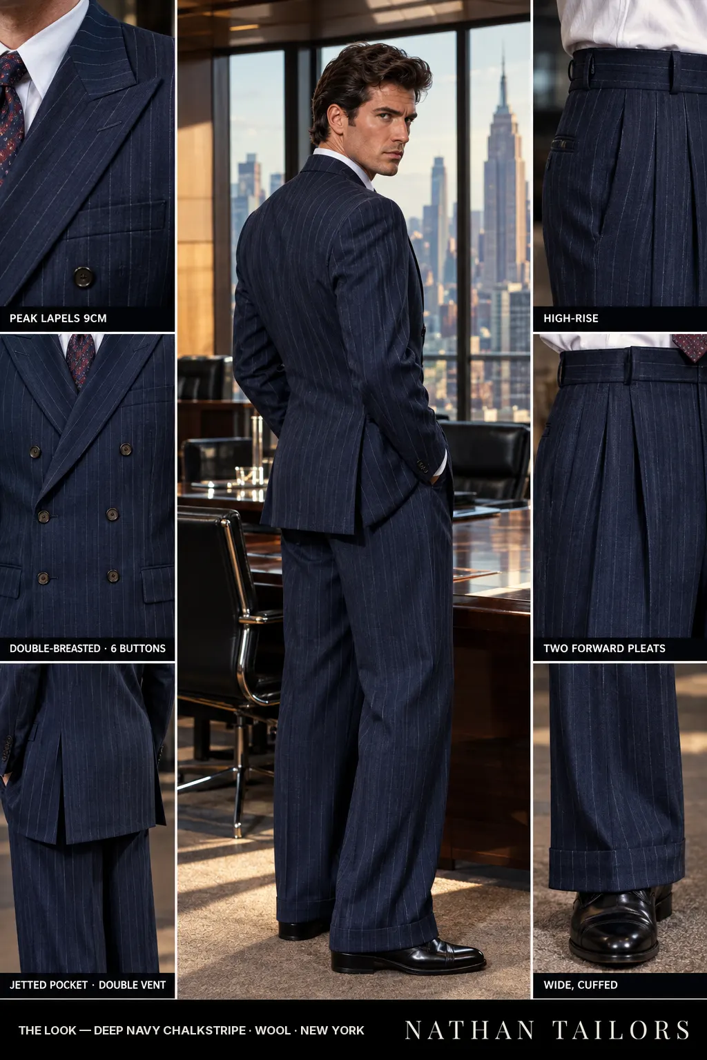 deep navy chalkstripe chalk stripe double-breasted peak-lapel bespoke suit โ AI-rendered by Nathan Tailors, the Hoi An custom tailor. Available as a custom tailored suit from $149.