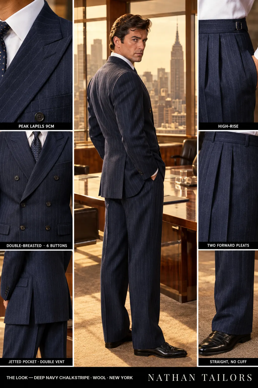 deep navy chalkstripe chalk stripe double-breasted peak-lapel bespoke suit — AI-rendered by Nathan Tailors, the Hoi An custom tailor. Available as a custom tailored suit from $149.