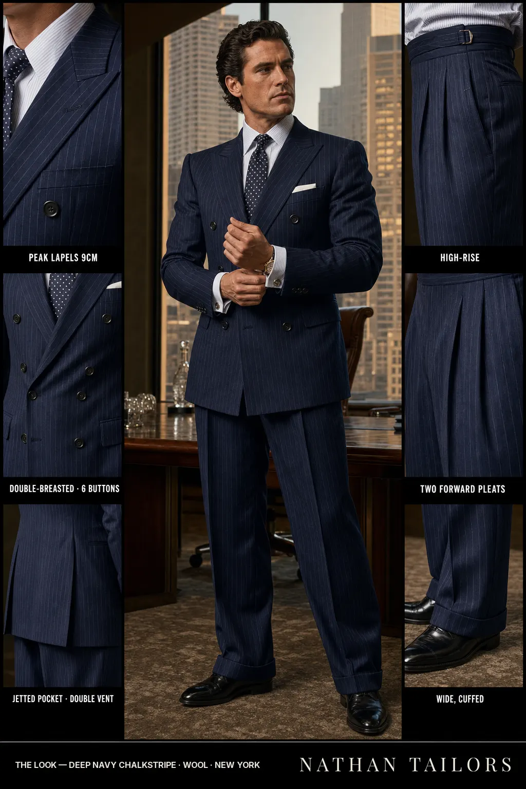 deep navy chalkstripe chalk stripe double-breasted peak-lapel bespoke suit — AI-rendered by Nathan Tailors, the Hoi An custom tailor. Available as a custom tailored suit from $149.