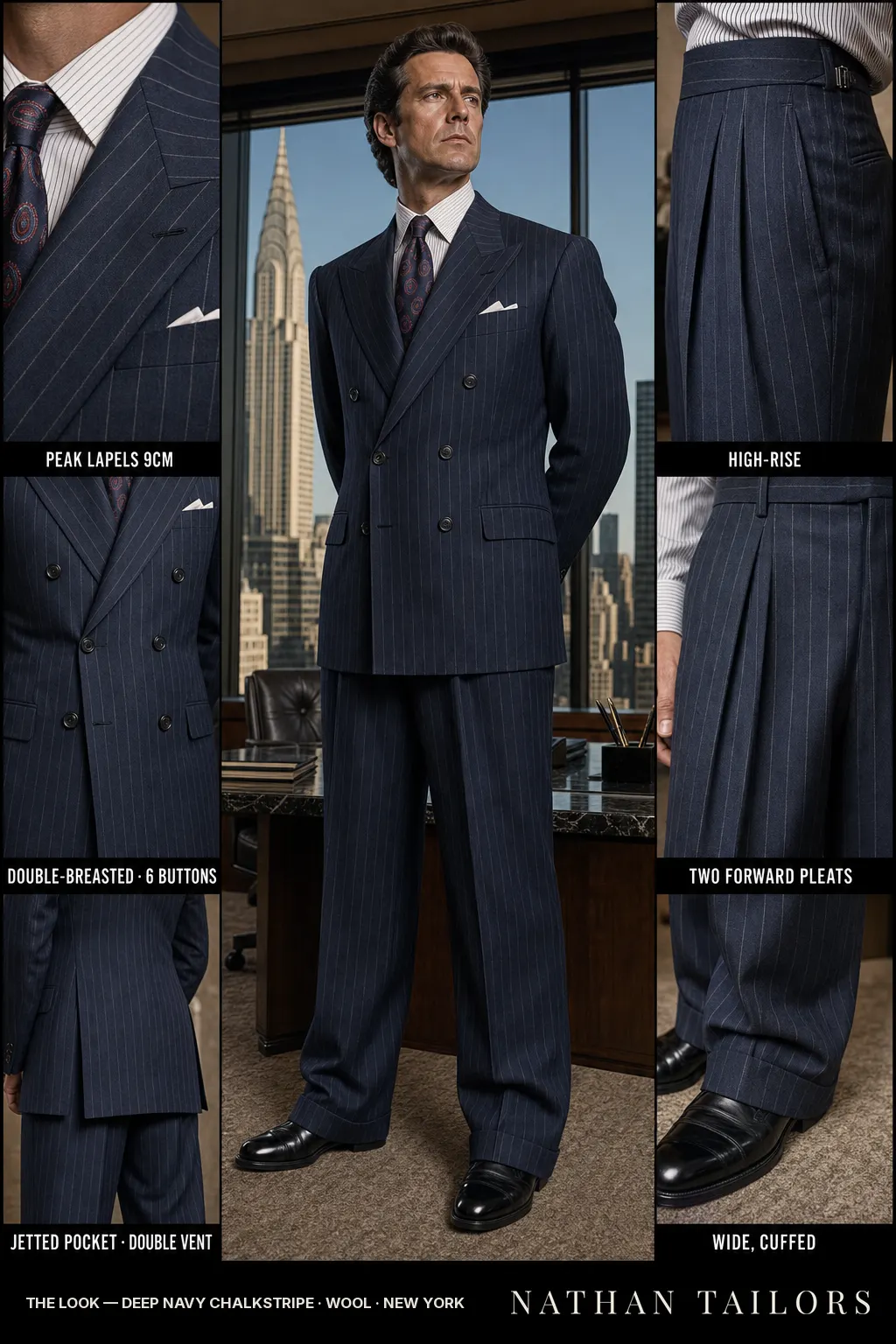 deep navy chalkstripe chalk stripe double-breasted peak-lapel bespoke suit โ AI-rendered by Nathan Tailors, the Hoi An custom tailor. Available as a custom tailored suit from $149.