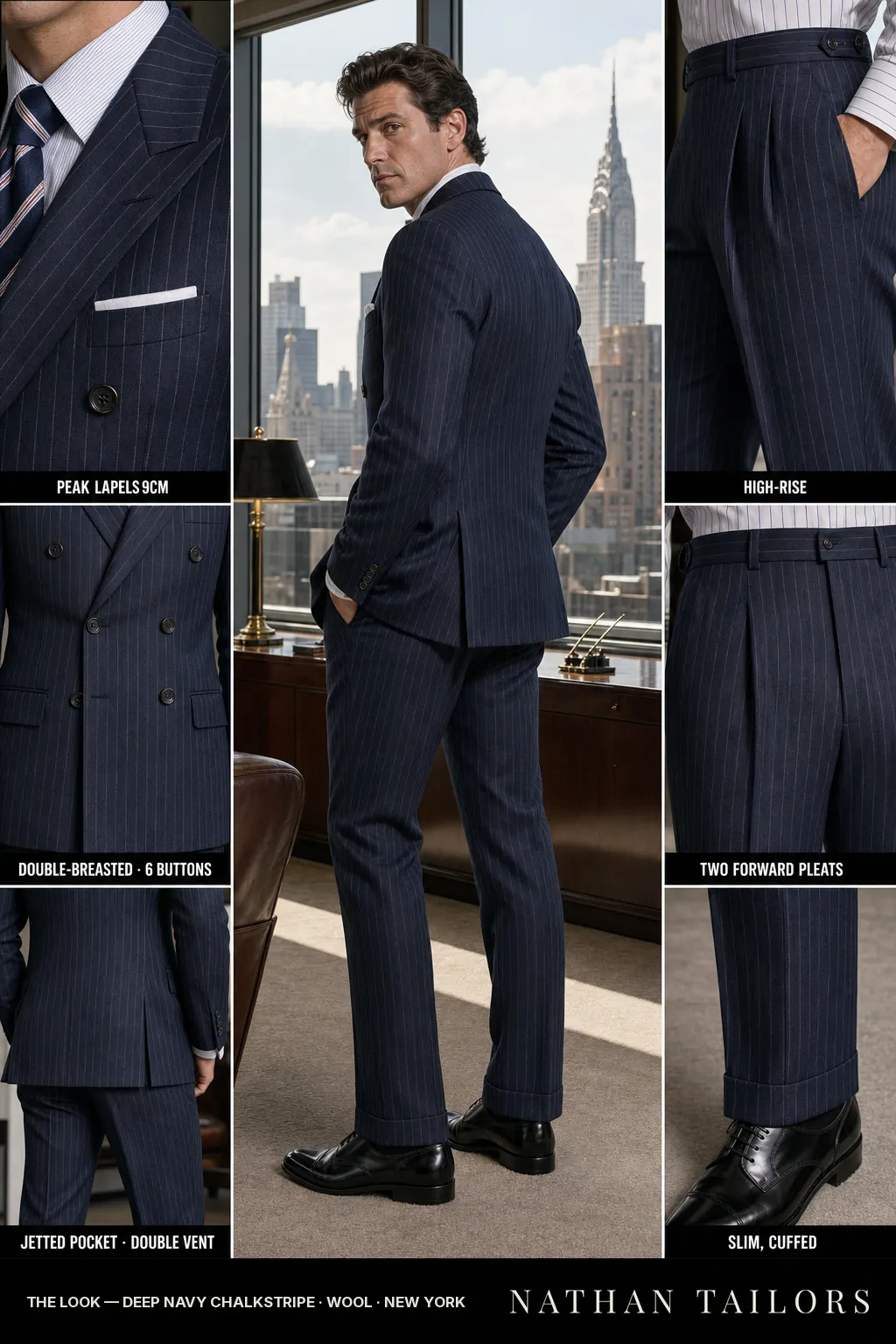 deep navy chalkstripe chalk stripe double-breasted peak-lapel bespoke suit — AI-rendered by Nathan Tailors, the Hoi An custom tailor. Available as a custom tailored suit from $149.