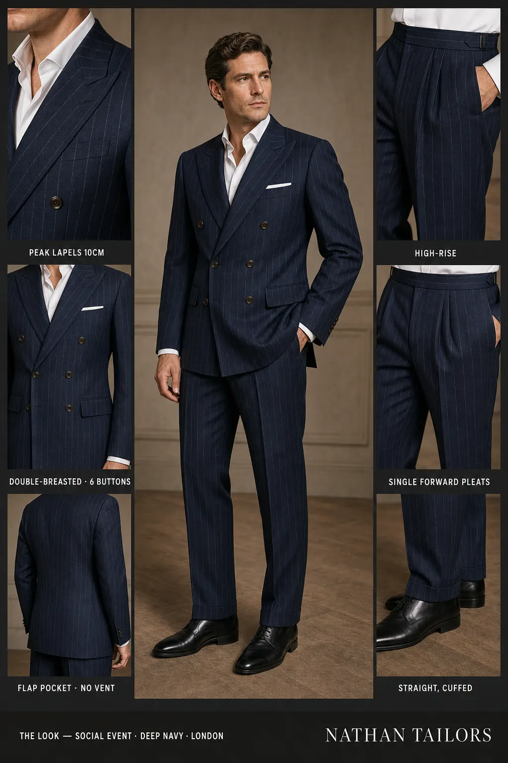 deep navy chalk stripe double-breasted peak-lapel bespoke suit โ AI-rendered by Nathan Tailors, the Hoi An custom tailor. Available as a custom tailored suit from $149.